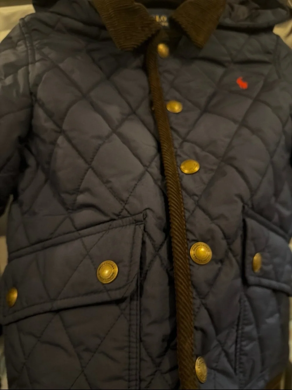 Ralph Lauren Quilted Navy Hooded Jacket with Brown Trim